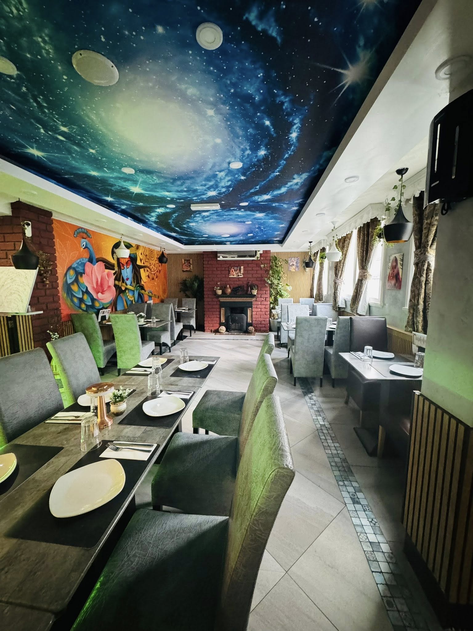 Bacaba Restaurant Oldbury, galaxy ceiling mural dining room with colourful wall art and fireplace